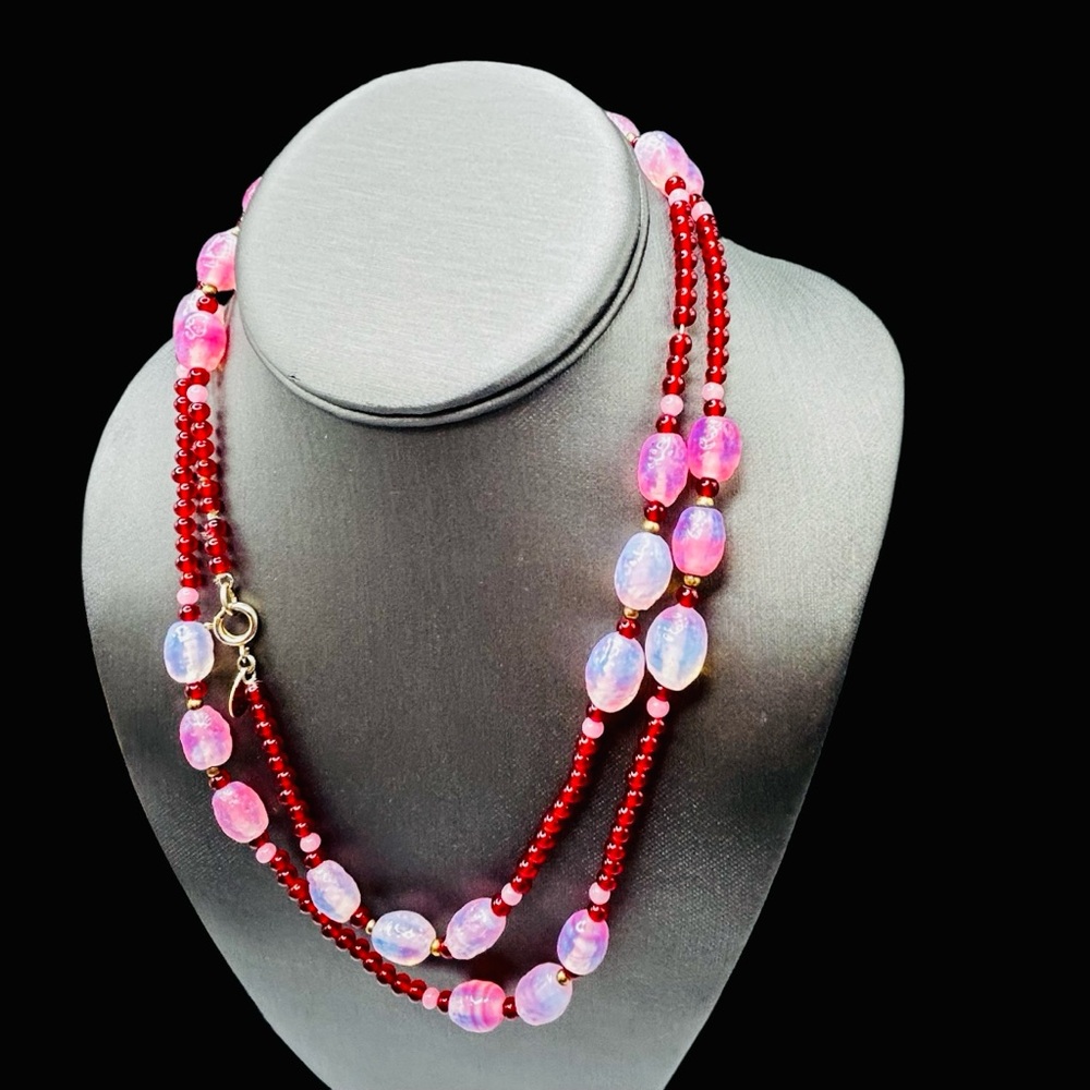 Vintage William DeLillo Art Glass Cranberry Glass Long Bead Necklace